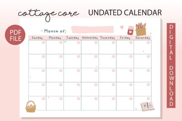 Cottage Core Undated Calendar Template: Graphics & Print Templates