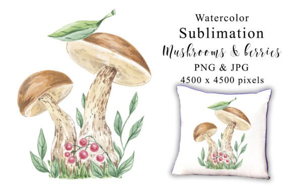 Mushrooms Berries Watercolor Sublimation Graphics