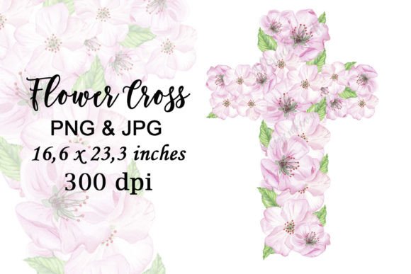 Watercolor Cherry Flowers Cross Pink PNG: Graphics & Print Templates
