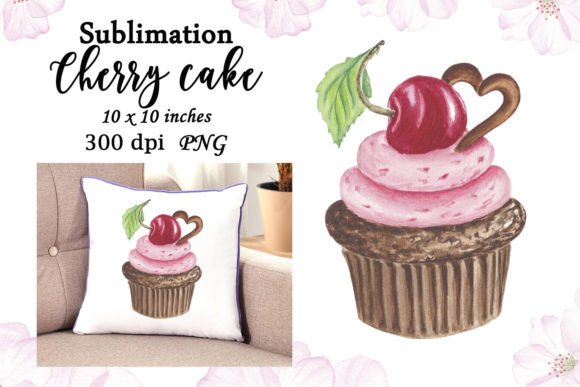 Watercolor Chocolate Cupcake Cherry PNG Graphics