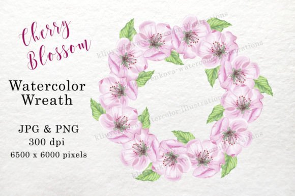 Watercolor Flowers Wreath Cherry Blossom Graphics